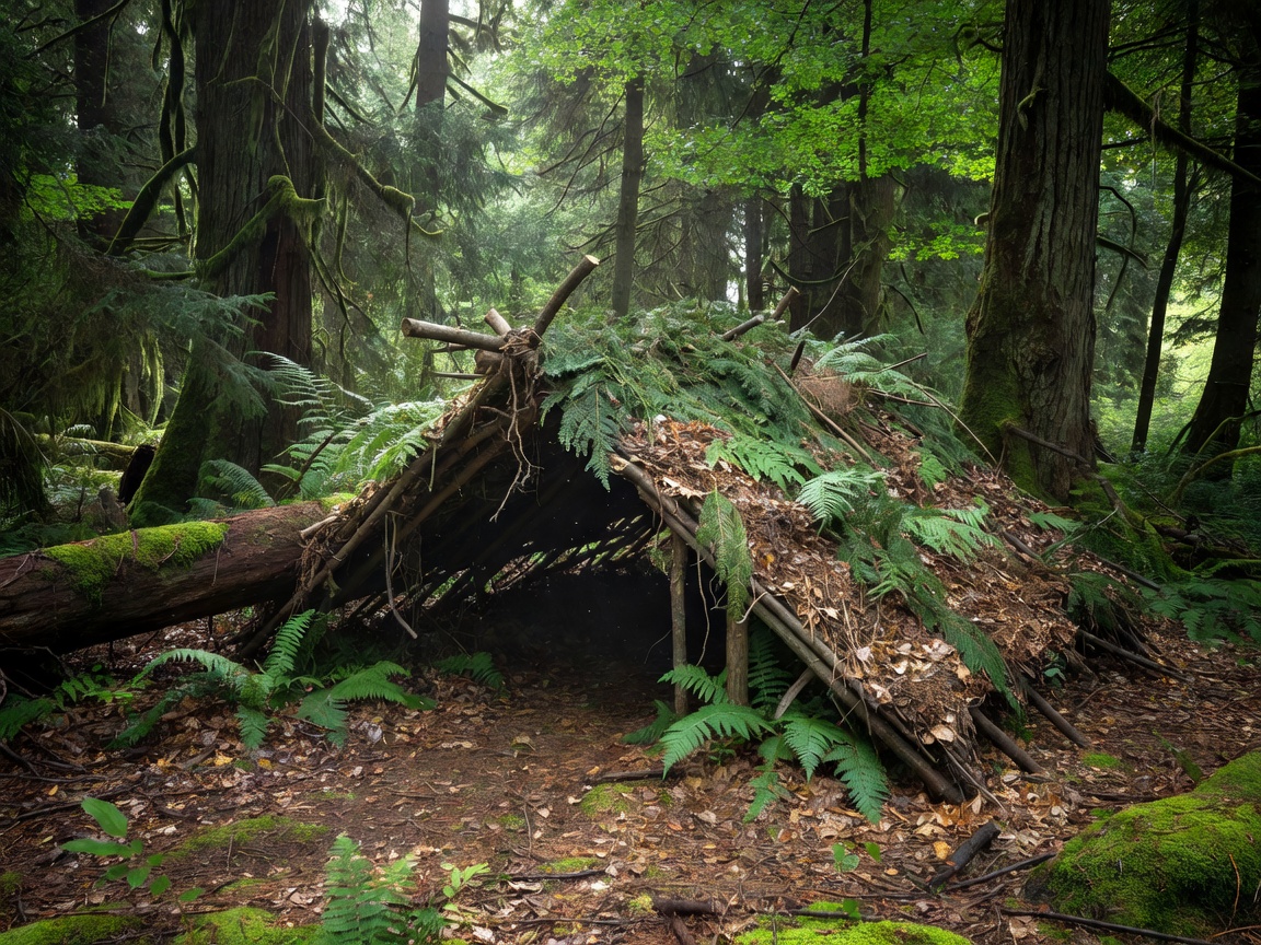 A constructed debris shelter in a dense forest