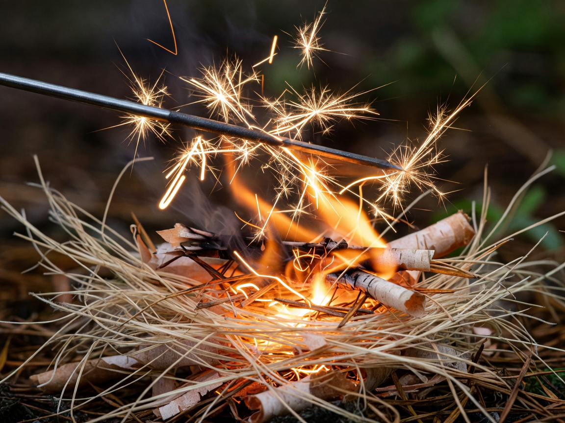 Sparks flying from a ferrocerium rod into tinder