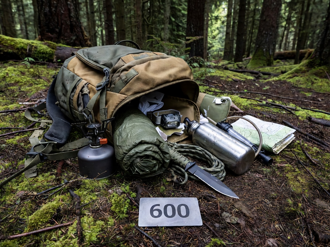 Tactical backpack spilled out with survival gear