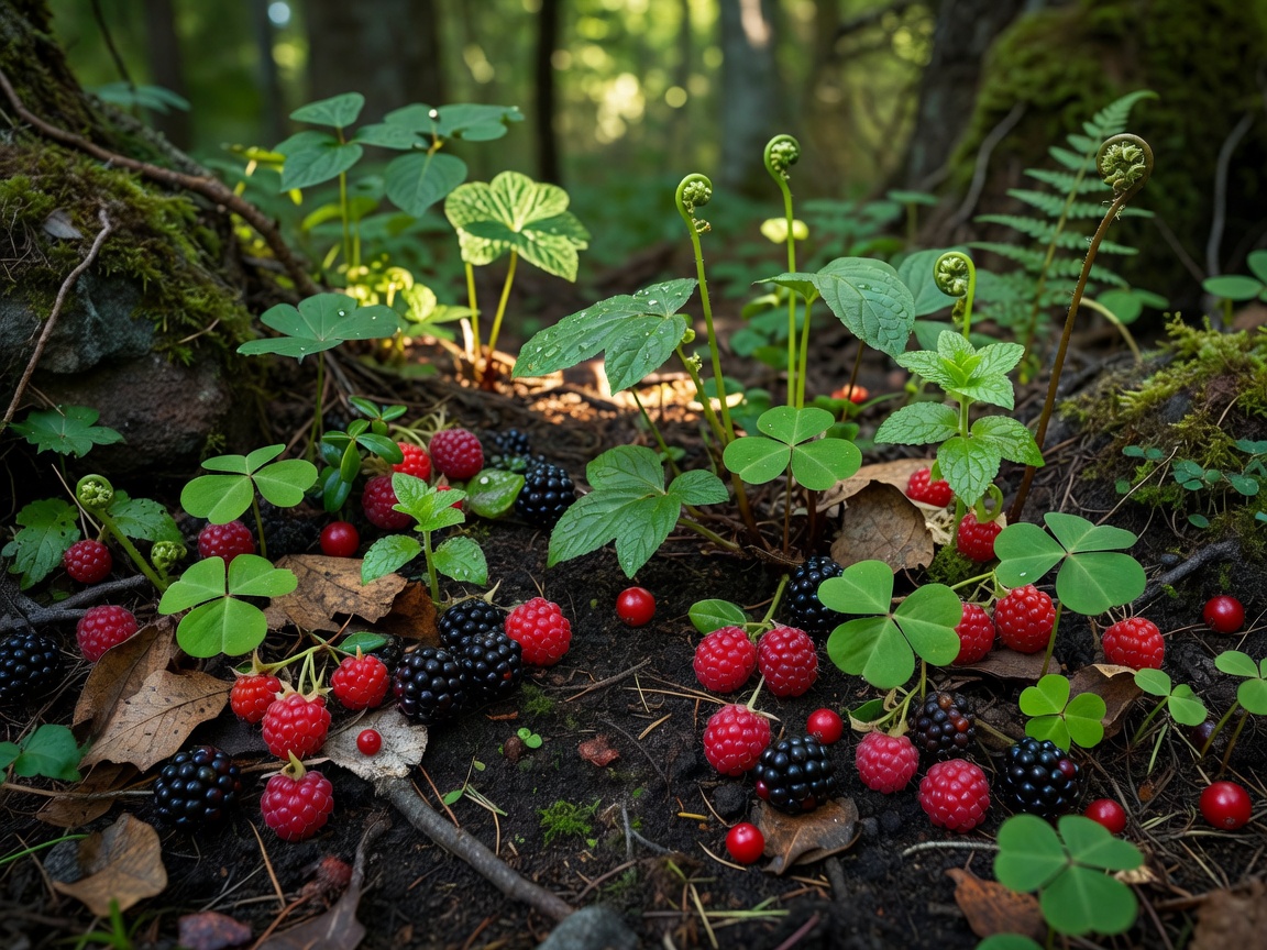 Wild berries and edible plants on a forest floor